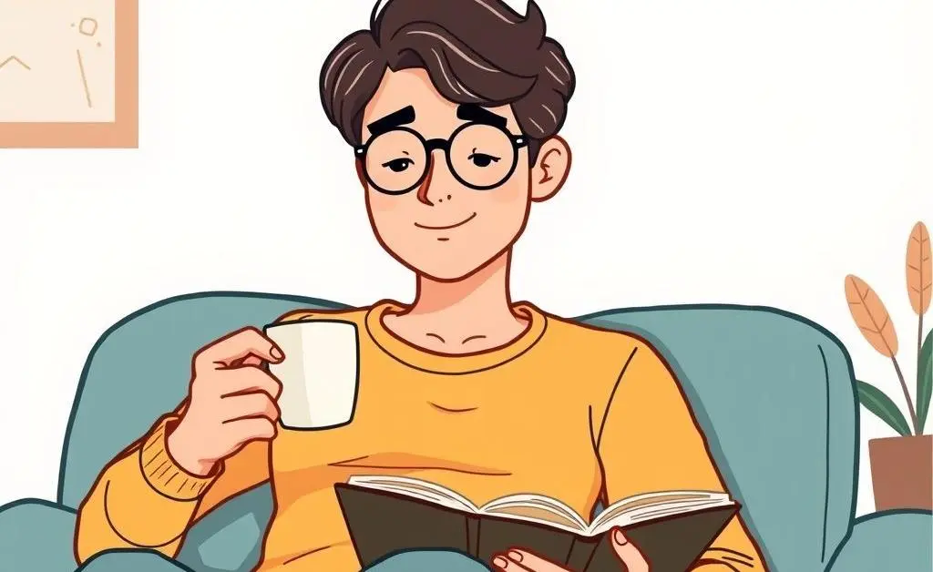 Person relaxing with morning coffee, notebook open.