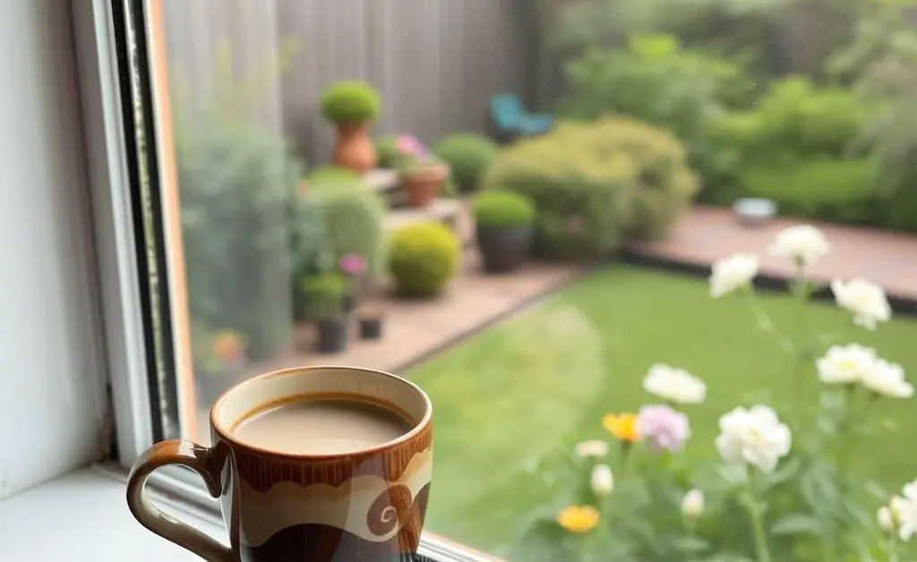 A serene morning moment with a handcrafted coffee cup on a windowsill overlooking a garden.