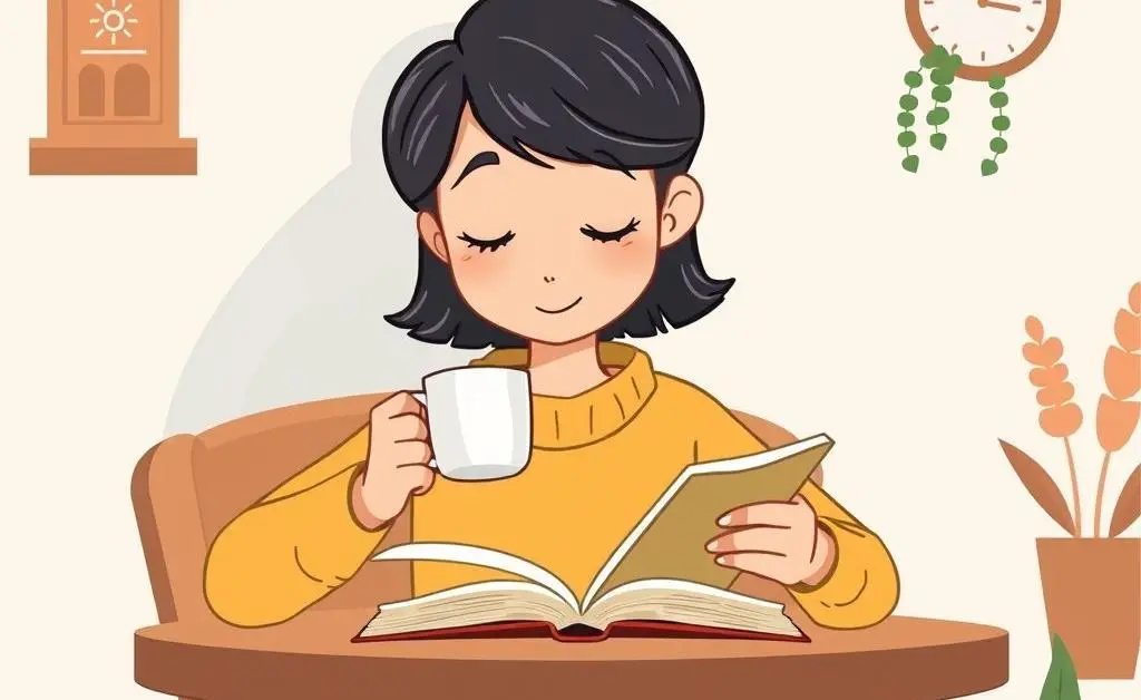 A person enjoying morning coffee and reading a book.