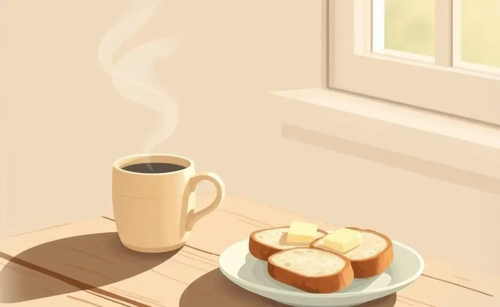 Illustration of a cozy morning routine with a steaming cup of coffee and a simple breakfast
