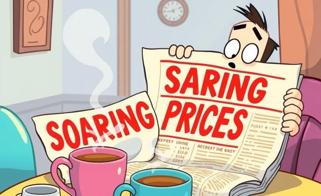A cartoon-style breakfast table with a coffee, a newspaper showing rising prices, and a bemused person.
