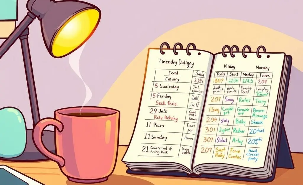 A cartoon-style image of a desk with a coffee cup and a planner open to a daily schedule.