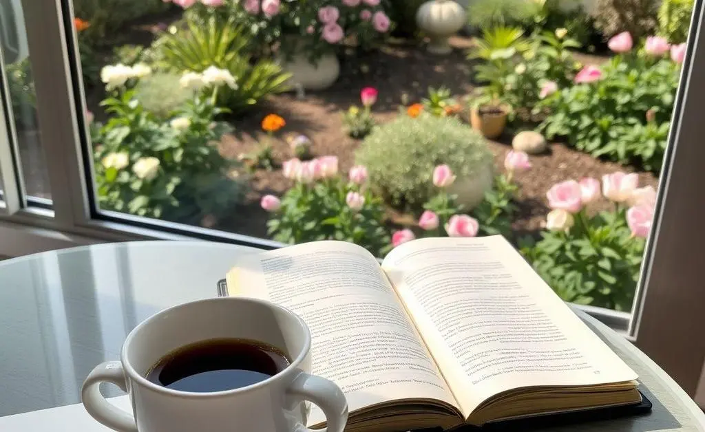 A serene scene of morning journaling with a cup of coffee and a view of a blooming garden.