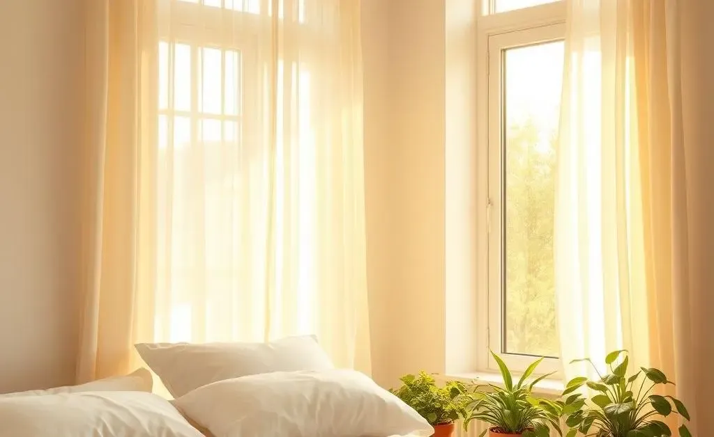 A sun-drenched bedroom with a neatly made bed and fresh plants on the windowsill.