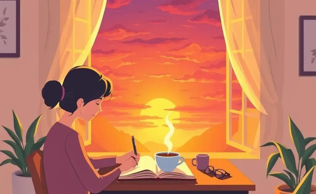 A cartoon image of someone journaling in the morning with a coffee, framed by a window view of a sunrise.