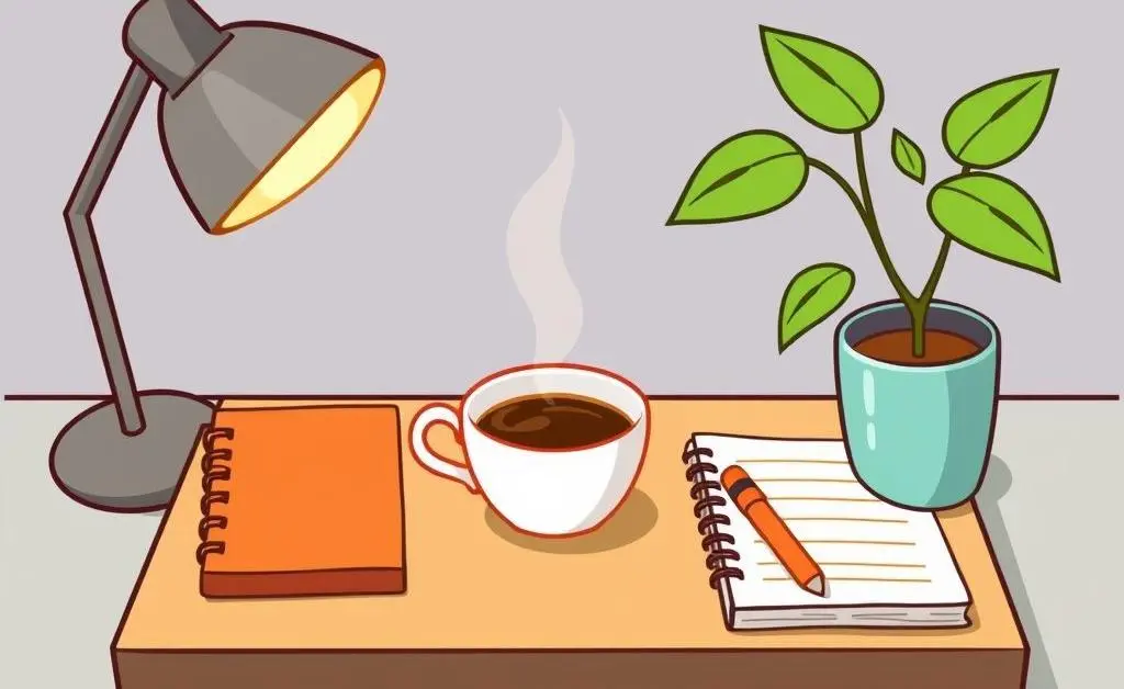 Desk with a steaming coffee cup, notebook, and plant