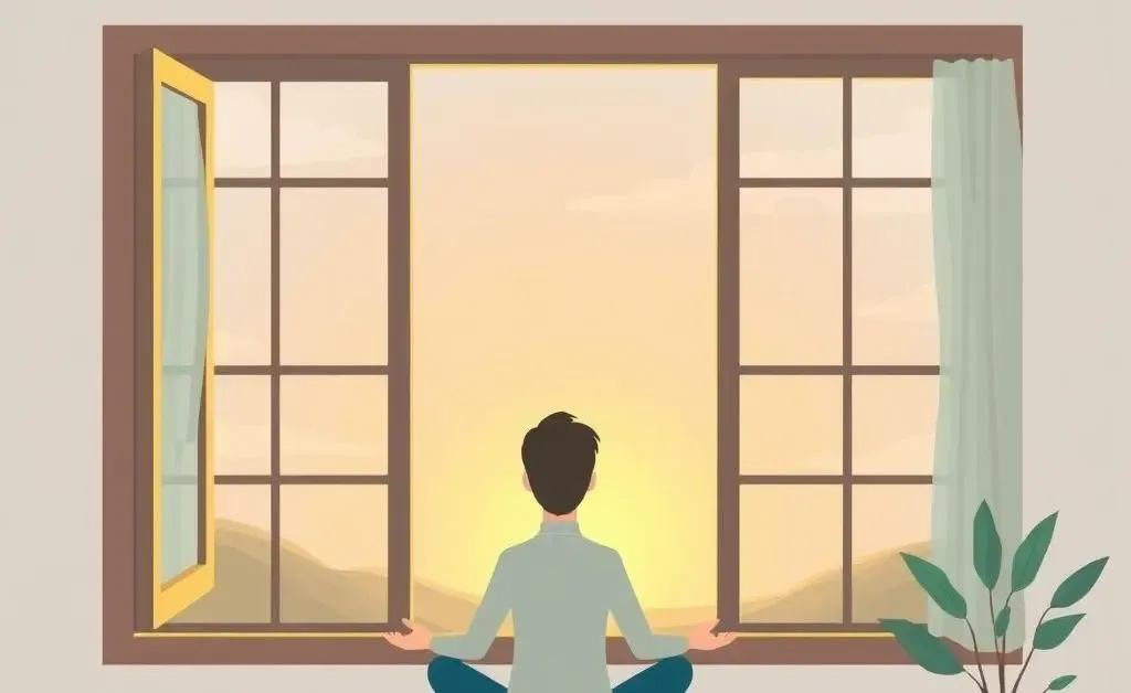 Illustration of a calm morning scene with a person meditating near a window.