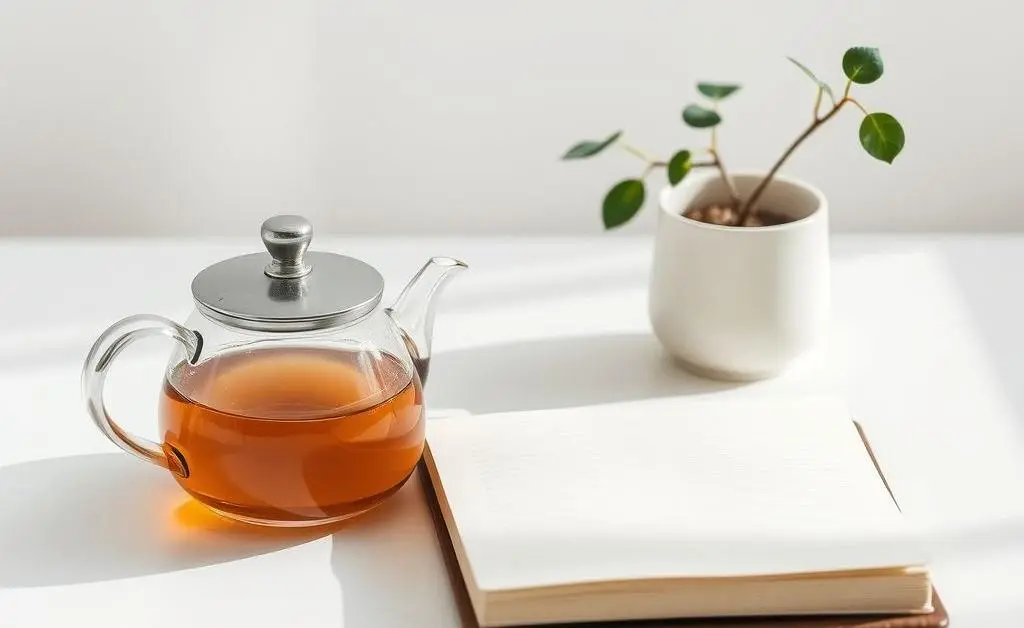 A peaceful, minimalist morning routine setting with a teapot, journal, and plant.