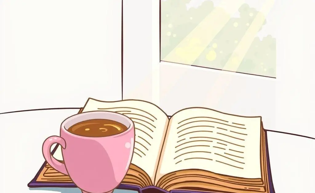 A delightful morning setup with coffee, an open book, and sunshine.