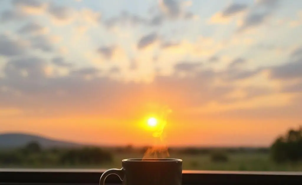 A peaceful morning routine scene with a sunrise, yoga mat, and steaming coffee mug.