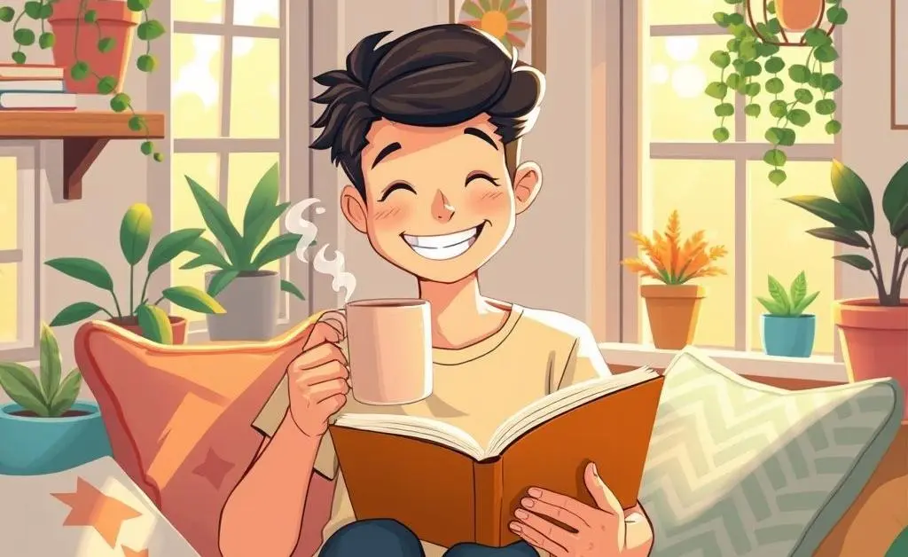Someone enjoying coffee and reading in the morning.