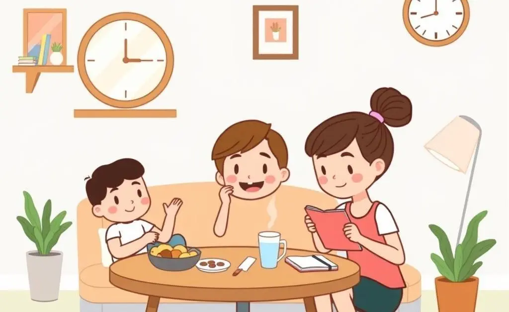 A cartoon-style morning routine scene with breakfast, exercise, and journaling.