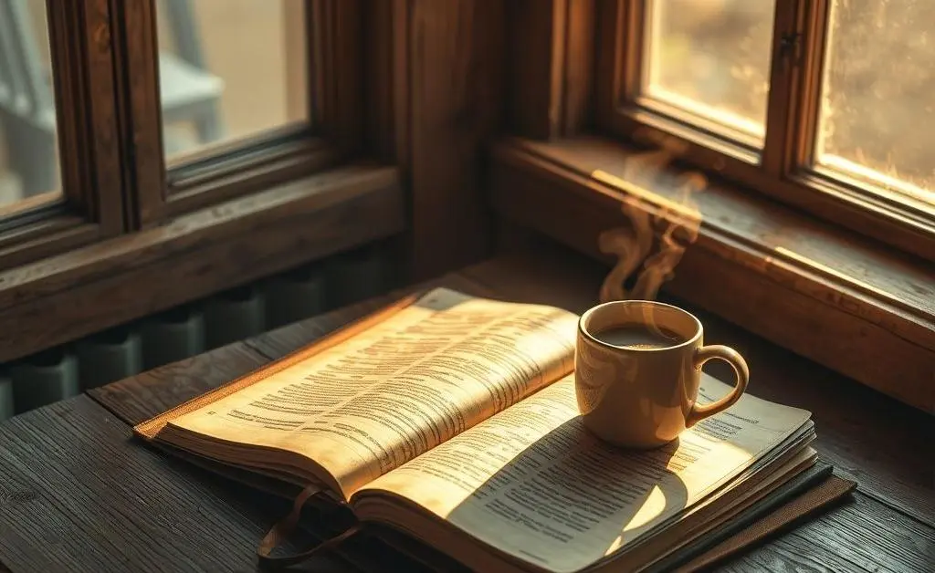 Cozy corner with a journal and coffee.