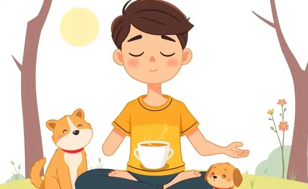 A person meditating with a cup of tea and a pet by their side