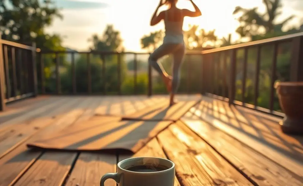 A person having a calm morning routine with yoga and coffee