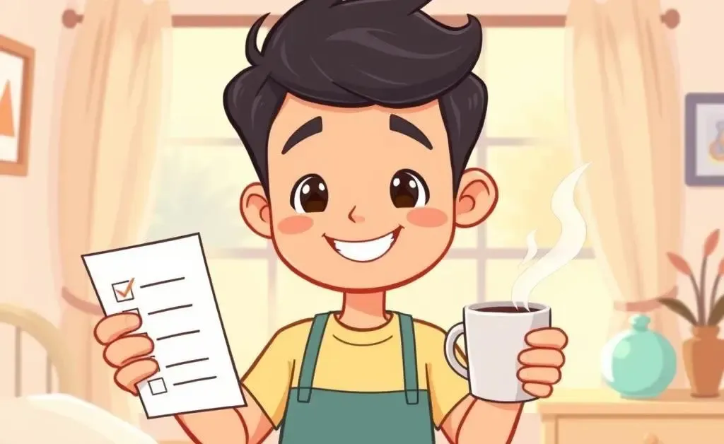 Cartoon-style depiction of a person setting a morning routine with checklist and coffee cup