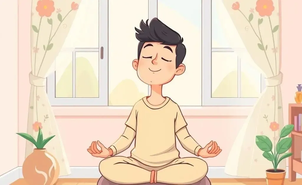 Cartoon-style image of a person starting their morning routine with meditation.