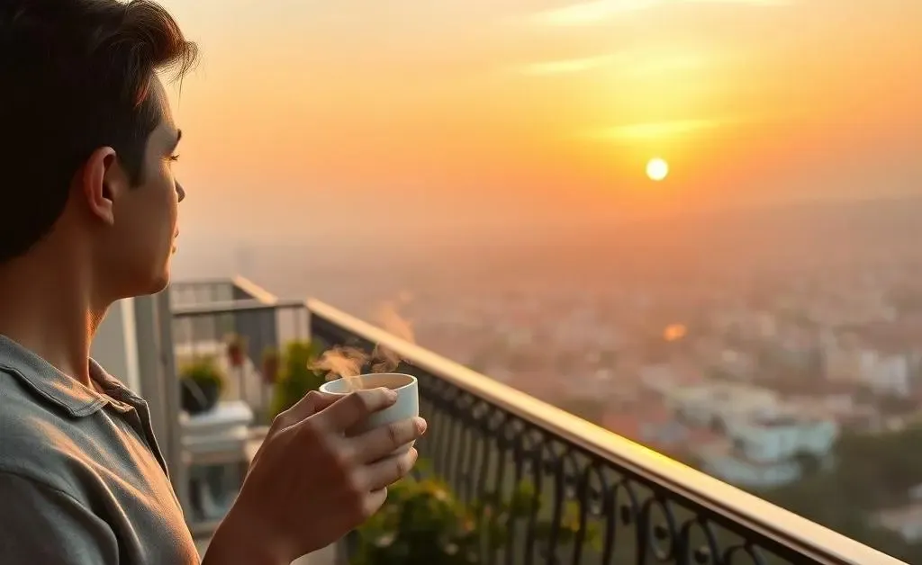 A person enjoying a cup of coffee on a balcony at sunrise.
