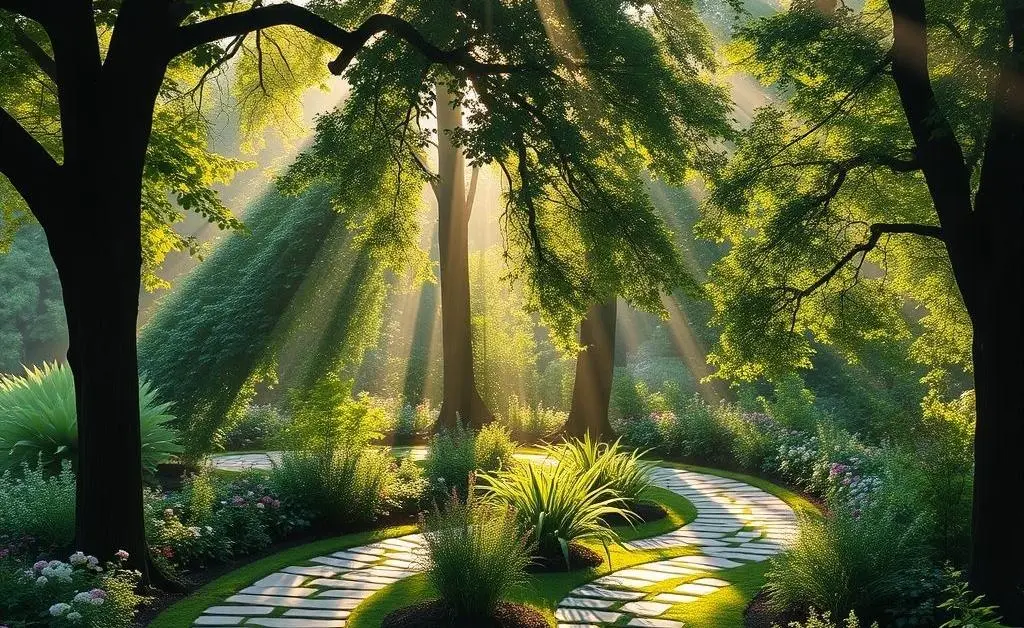 A beautiful garden path with morning sunlight streaming through trees.