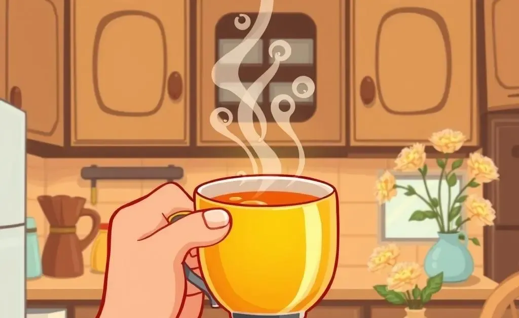 A steaming cup of tea in a cozy kitchen