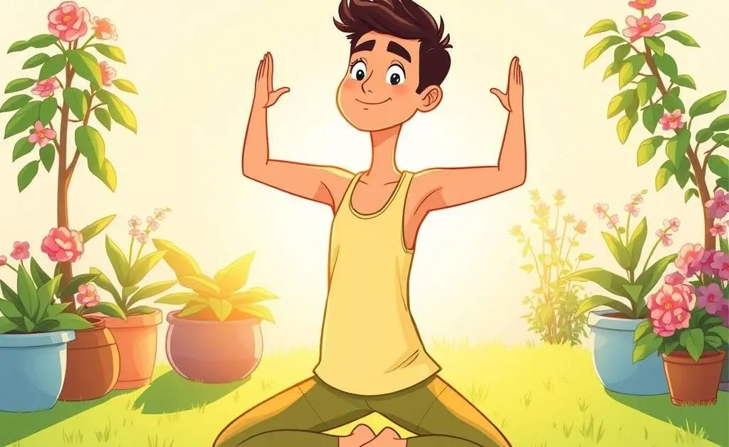A cartoon-style depiction of a person doing yoga in the morning sun