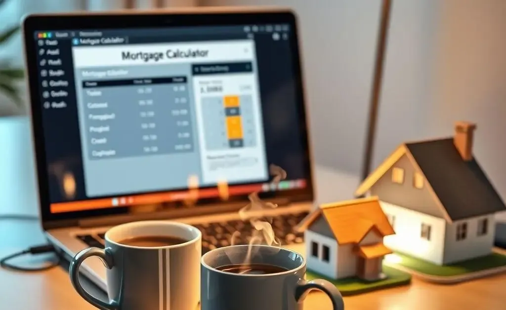 A desk with a cup of coffee, a laptop displaying a mortgage calculator, and a small house model.