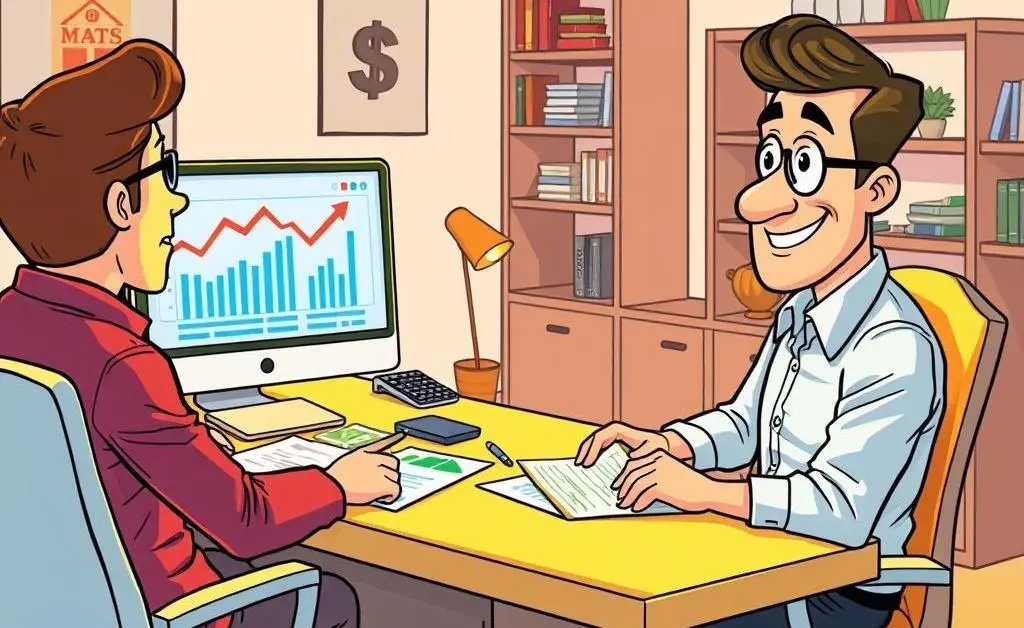 A cartoon-style depiction of a consultation with a mortgage advisor, documents and computer in view.