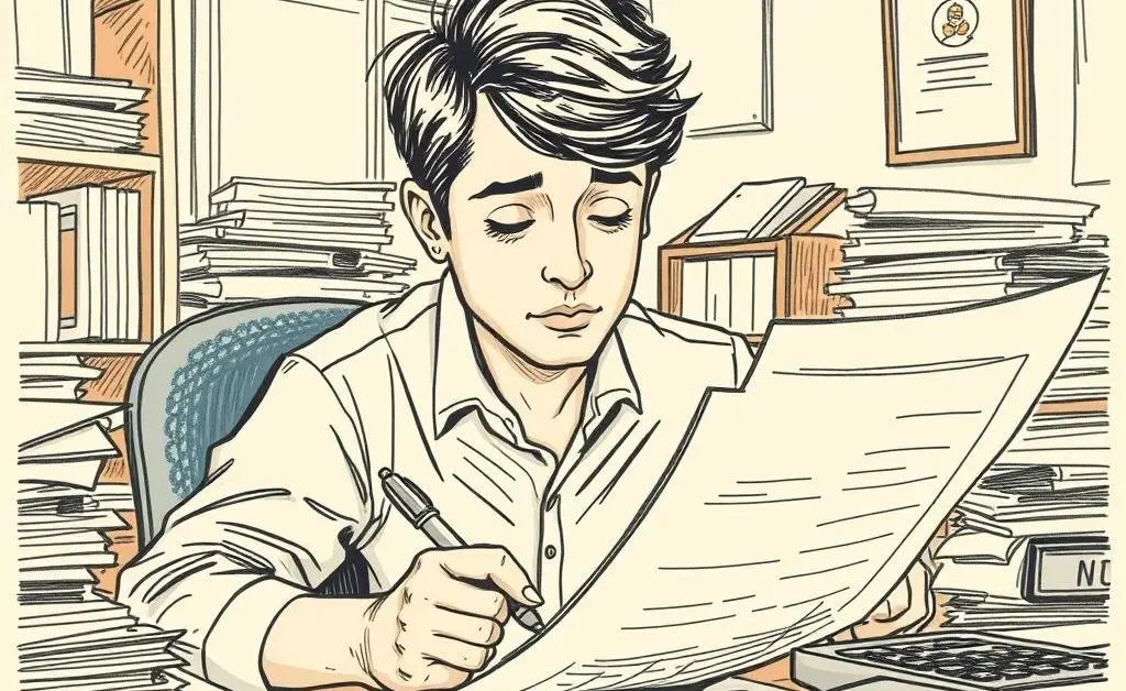 A hand-drawn style image of a person filling out mortgage application papers