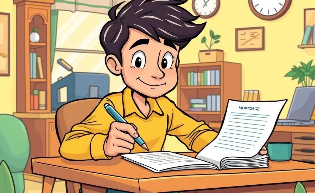 A cartoon-style image of a person filling out a mortgage application form