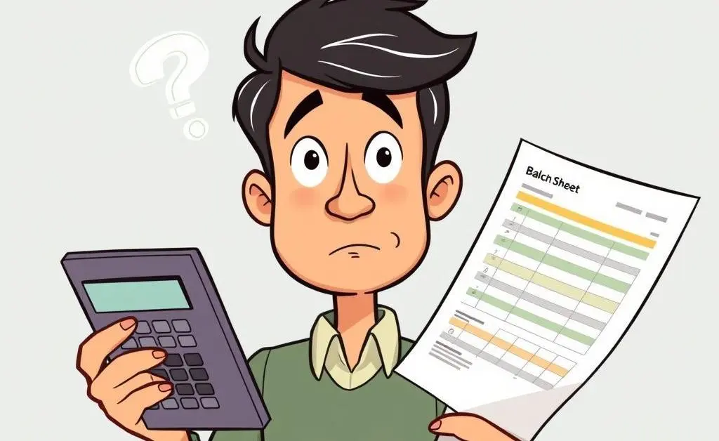 Cartoon image of a person with a calculator and papers, looking thoughtfully at a balance sheet