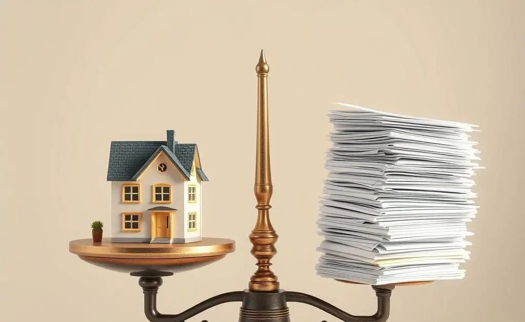 Balance scale with a house and stack of papers
