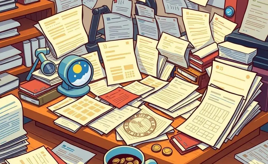 Cartoon-style image of a desk cluttered with bank paperwork and documents.