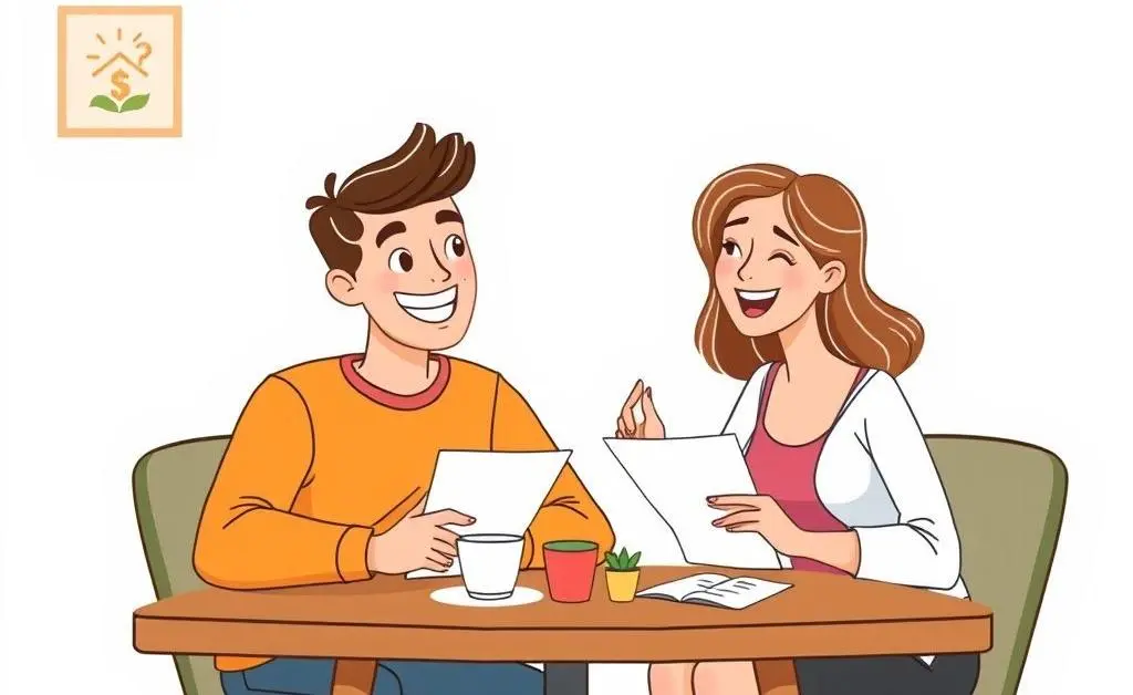 Illustration of a young couple happily discussing mortgage options at a table