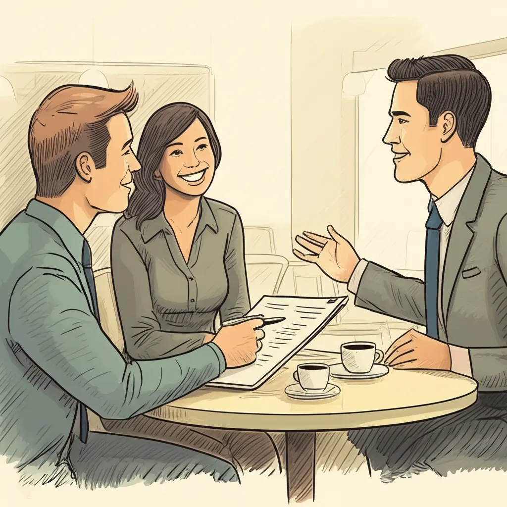 A hand-drawn image of a mortgage broker explaining terms to a couple in an informal setting.