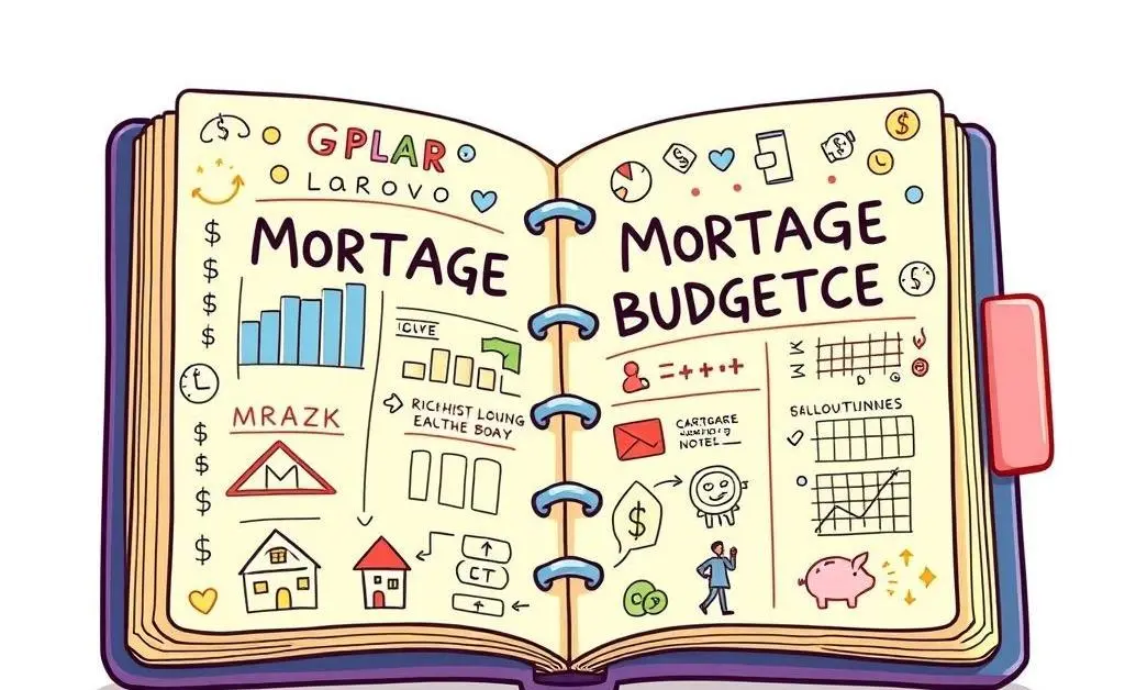 Cartoon-style planner with graphs and notes on mortgage budgeting.