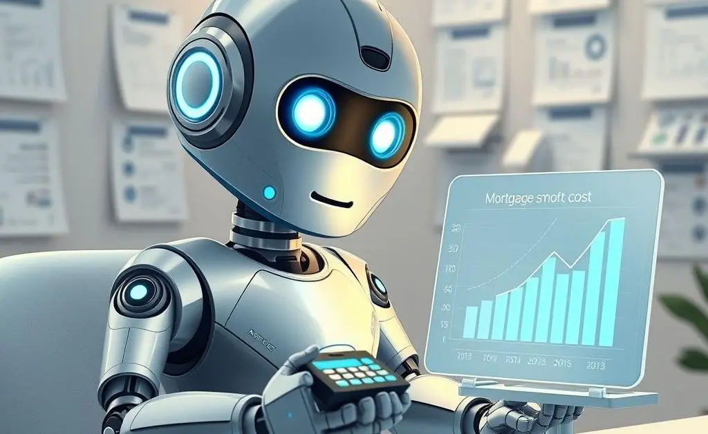 Illustration of a robot with a calculator assisting in mortgage calculations.