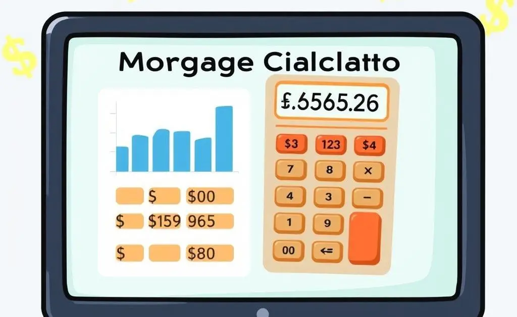 A cartoon-style image of a computer screen displaying a mortgage calculator with numbers and graphs, surrounded by dollar signs.