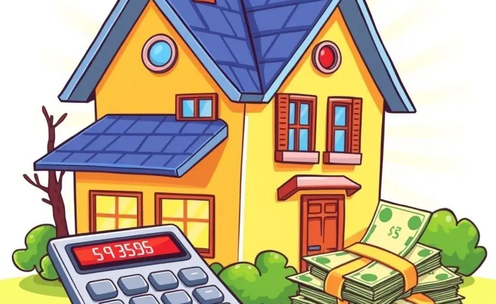 Cartoon-style image of a house, a calculator, and money, representing mortgage calculations.