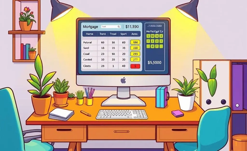 Cartoon-style desk with a computer screen displaying a mortgage calculator.