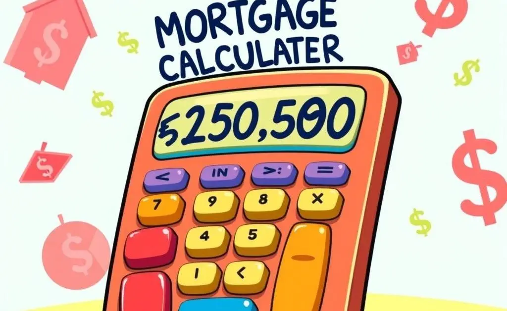 A cartoon-style mortgage calculator displaying varying amounts