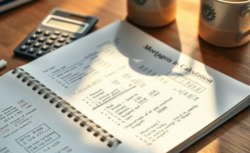 A notepad with mortgage calculations next to a calculator and coffee mug.