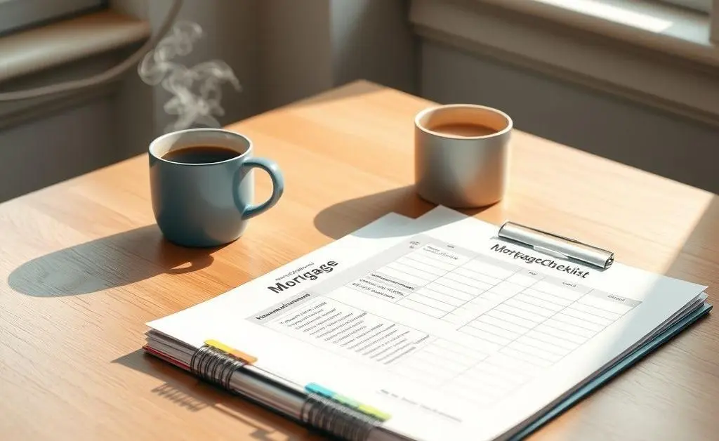 A desk with a neatly organized mortgage checklist and a cup of coffee.