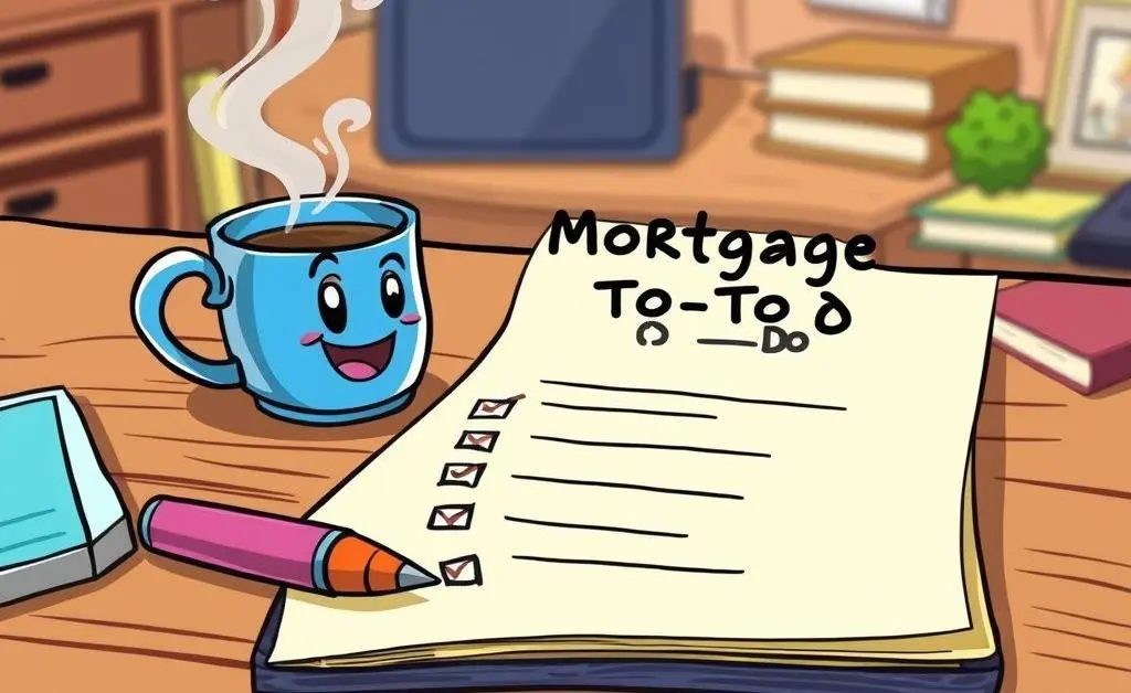 Cartoon-style checklist with mortgage tasks