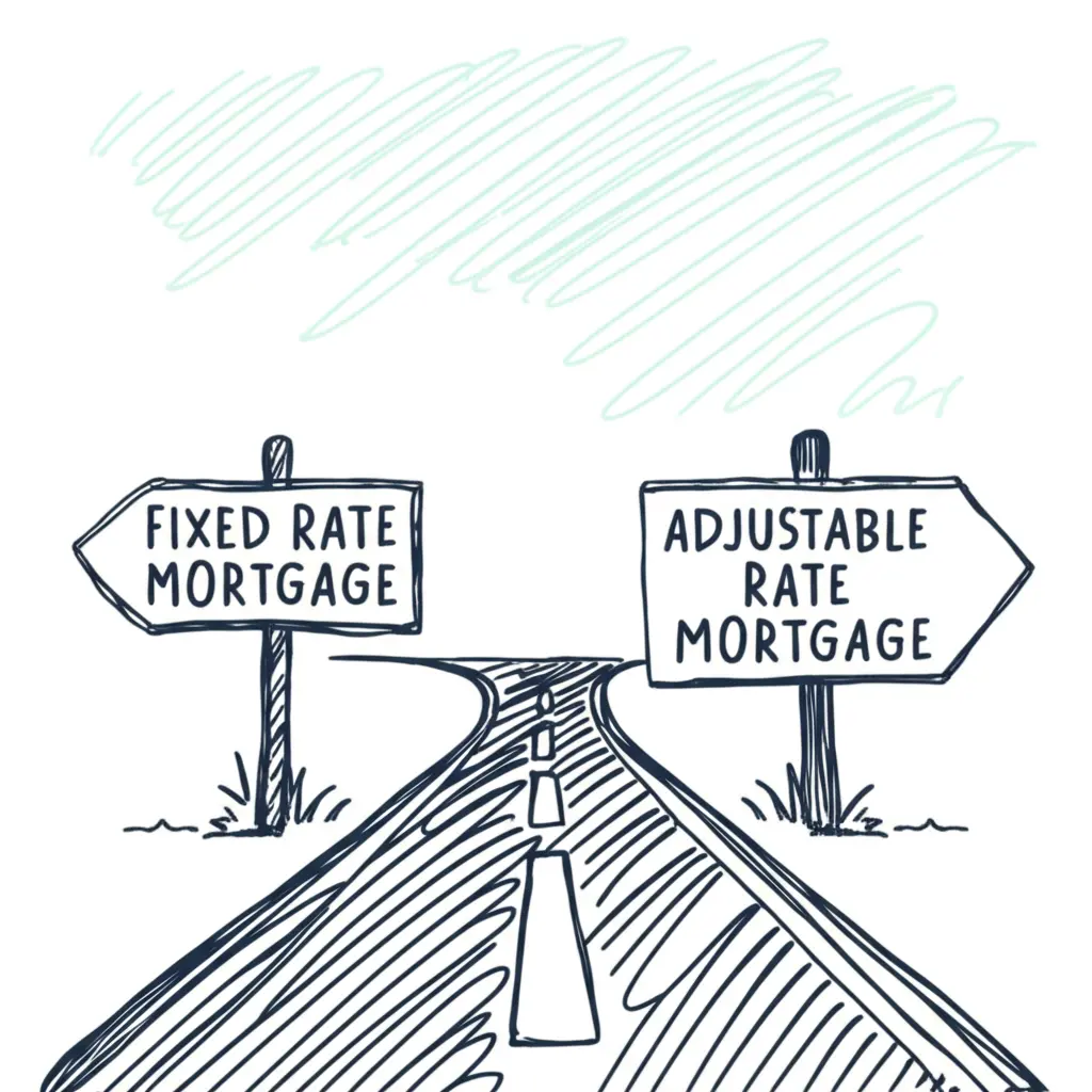 A forked road with signs pointing toward different mortgage rates.