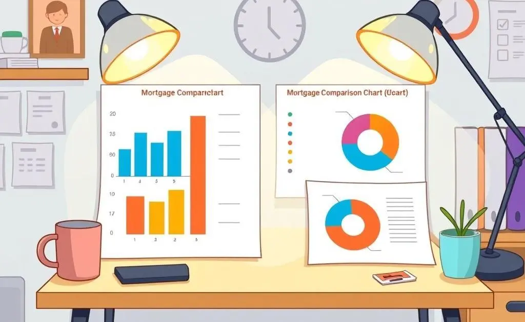Cartoon-style mortgage comparison charts on a desk