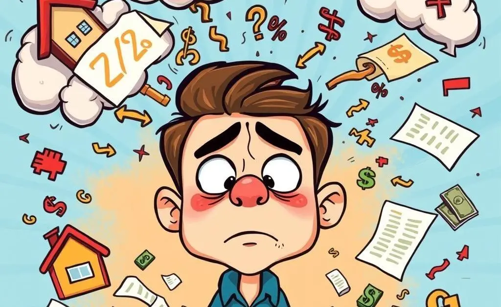 A cartoon of a confused person surrounded by mortgage-related symbols like interest rates and loan documents.