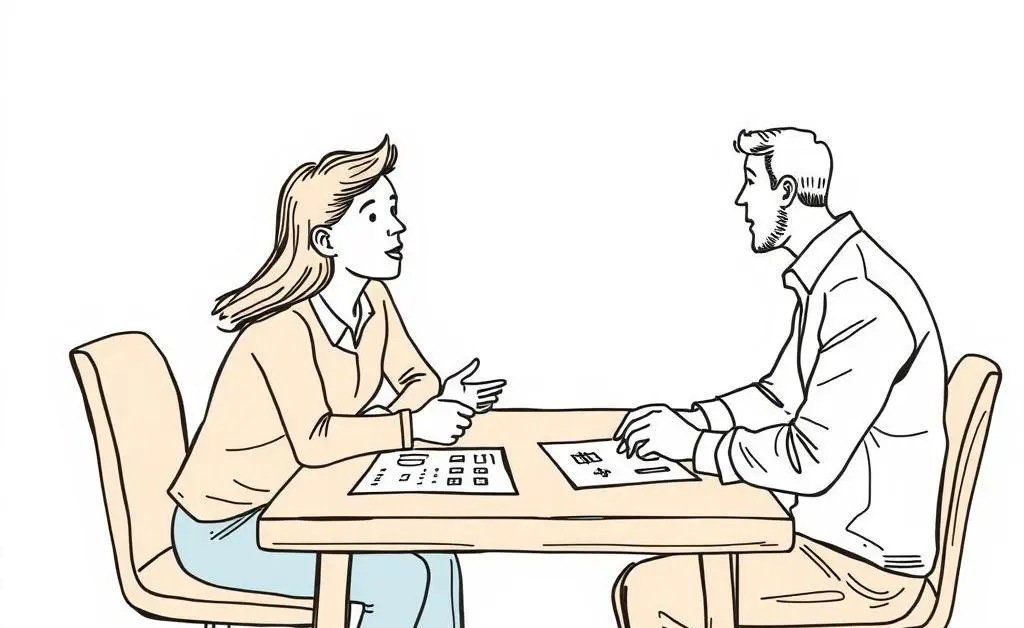 A hand-drawn aesthetic of a couple consulting with a mortgage advisor over a table.