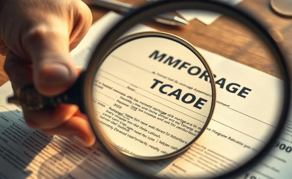 A hand holding a magnifying glass over a mortgage contract, highlighting interest rates.
