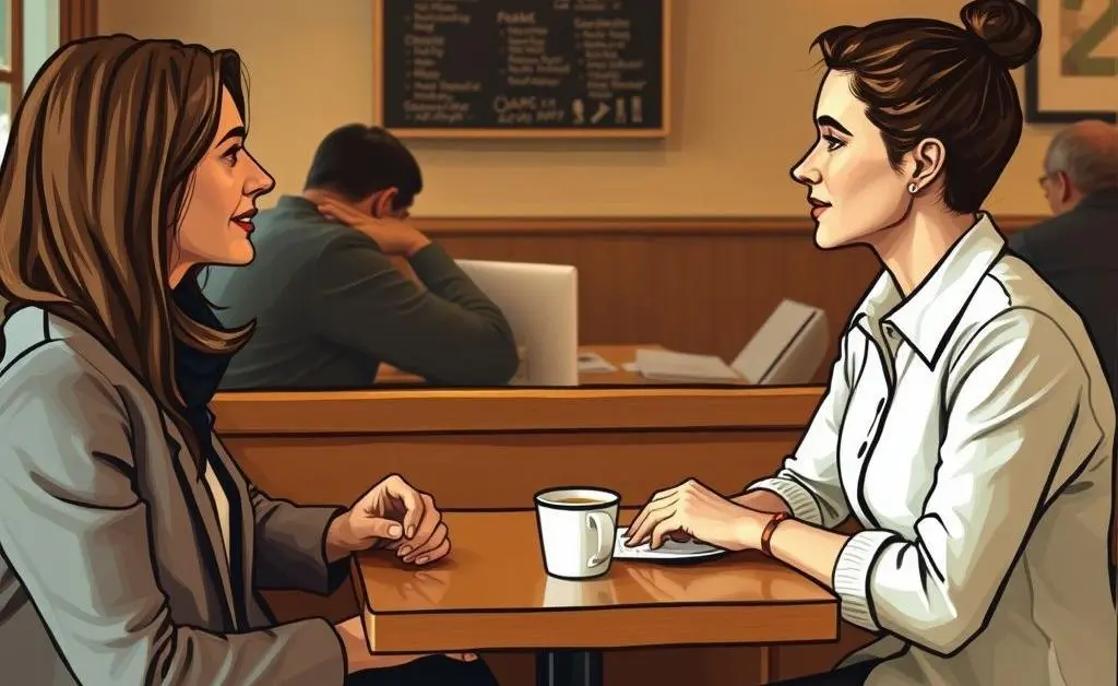 Two people having a conversation in a cozy cafe