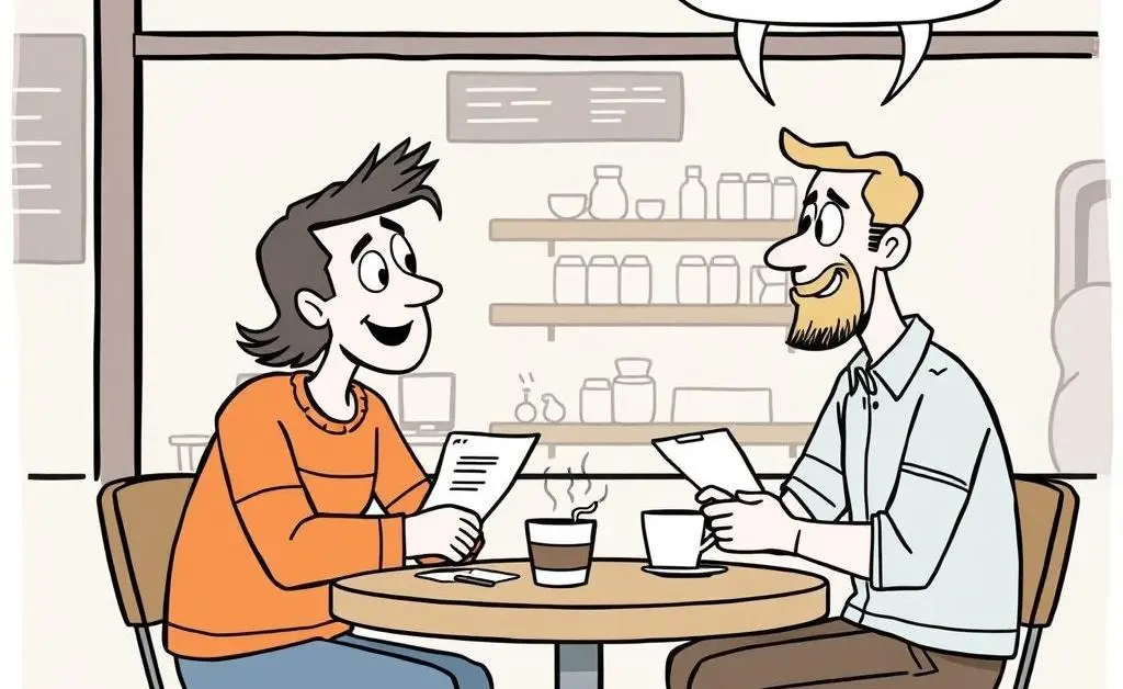 Cartoon of two friends discussing mortgage plans at a coffee shop.